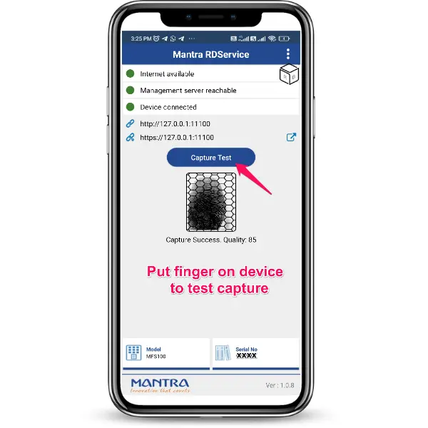 Step 7: Click over capture test and place the finger properly to check the device quality.