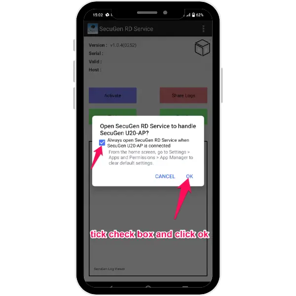 Step 3: Select “Always open Secugen RD Service when Secugen U20-AP is connected” and click OK for next step.