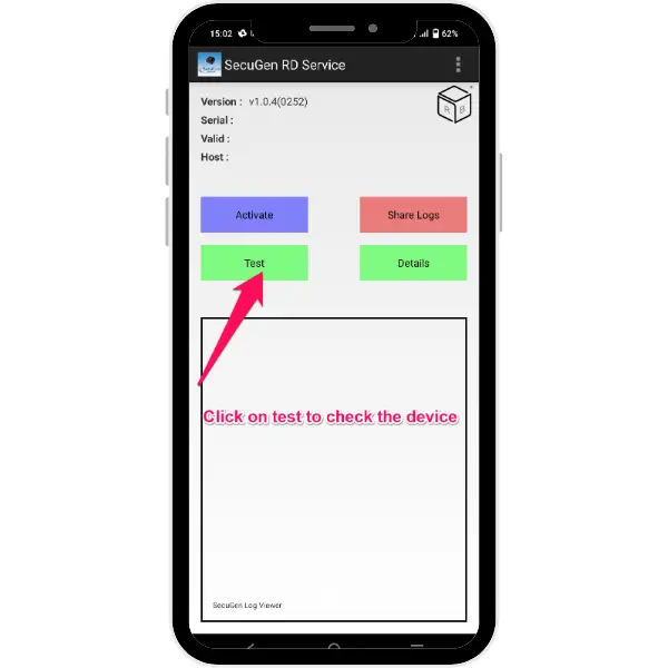 Step 2: Connect the Secugen hamster pro 20 device to your mobile through OTG cable & click on test to check the device.